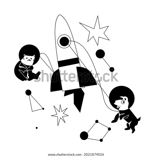 Space tourism concept. Cat\
and dog dressed in helmet and suit in an open space,floating in\
universe surrounded a planet and stars. Vector flat hand drawn\
illustration