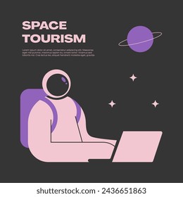 Space tourism concept. Young astronaut in a spacesuit traveling with laptop. Flat vector illustration.