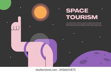 Space tourism concept. Young astronaut in a spacesuit traveling with luggage in cosmos. Space colonies. Flat vector illustration.