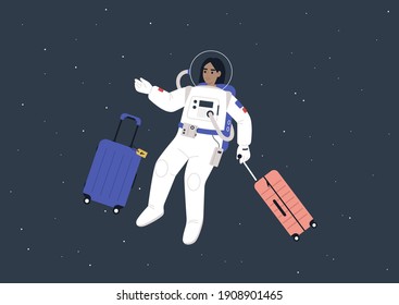 Space Tourism Concept, A Young Female Astronaut In A Spacesuit Traveling With Luggage In Cosmos