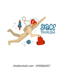 Space tourism concept - a young female astronaut in a spacesuit traveling with luggage in outer space. Lettering text - Space tourism. . Vector flat hand drawn illustartion.