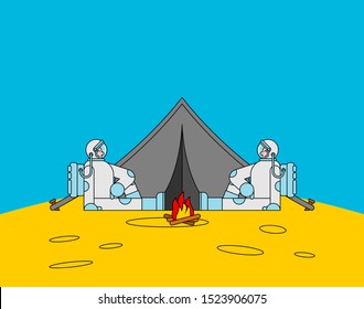 Space tourism. Cosmic camping. Astronaut and tent. spaceman on vacation