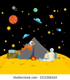 Space tourism. Cosmic camping on moon. Astronaut and tent. spaceman on vacation