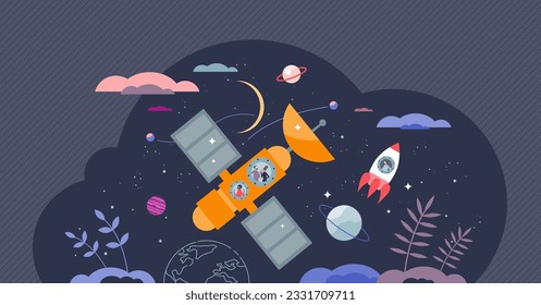 Space tourism and cosmos exploration mission as passenger tiny person concept. Future travel and transportation with spacecraft for stratosphere journey vector illustration. Vacation in shuttle tour.