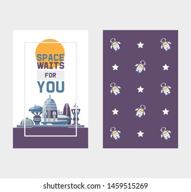 Space tourism to cosmos and space station tours vector two sides banner with pattern. Space station with spaceships tour and astronaut in open space with stars.
