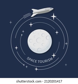 Space tourism. Emblem travel. Vector spaceship in orbit around the moon for sticker, label. Design concept for travel agency business project. Vector illustration. 