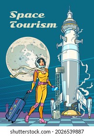 Space Tourism. A Female Astronaut Passenger Goes To The Rocket. Spaceport