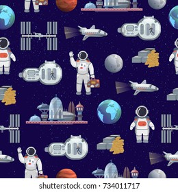 Space tourism future travel city vector illustration with astronaut and spaceship seamless pattern background
