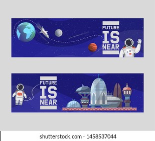 Space tourism for future vector illustrations banners. Astronomy, galaxy space flight, exploration, colonization, technology. Spaceman travelling from Earth to Moon.