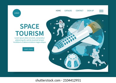 Space tourism isometric web site landing page with outer space view clickable links with text button vector illustration
