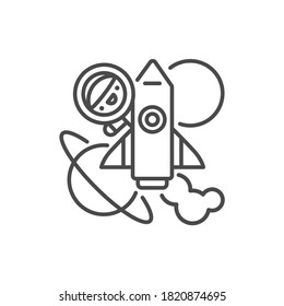 Space tourism line black icon. Cute character in spaceship kawaii pictogram. Sign for web page, mobile app, button, logo. Vector isolated element. Editable stroke.
