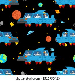Space tourism pattern seamless. Astronauts in Flying car background . Spaceship auto ornament. Spaceman in Rocket automobile texture. vector illustration