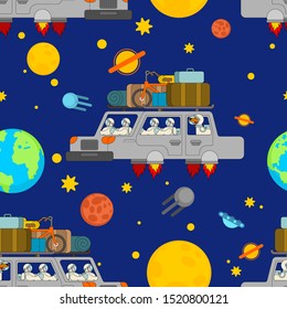 Space tourism pattern seamless. Astronauts in Flying car background . Spaceship auto ornament. Spaceman in Rocket automobile texture. vector illustration