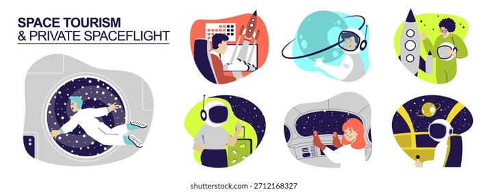 Conceito de turismo espacial e voo espacial privado definido para web design. Coleção com pessoas voando no cosmos fazem um tour na espaçonave comercial, astronautas explorando a galáxia em viagem. Ilustração vetorial.