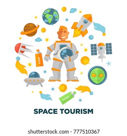 Space tourism promotional poster with spaceman and spacecrafts
