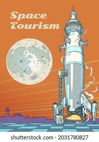 Space tourism. A rocket on the launch pad at the spaceport. Science fiction