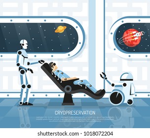 Space tourism scene with man in cryopreservation on board of spacecraft with robots, futurology, vector illustration
