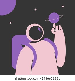 Space Tourism. Young astronaut in a spacesuit traveling with bag in cosmos with stars. Space colonies. Flat vector illustration.