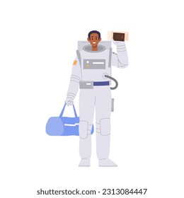Space tourist happy young male cosmonaut carrying suitcase luggage and boarding pass ready for trip