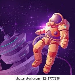 Space tourist having fun on orbit cartoon vector illustration. Astronaut in futuristic spacesuit working near starship, flying in weightlessness and showing thumbs up sign. Space explorer or traveler