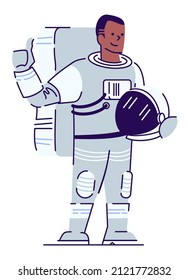 Space tourist semi flat RGB color vector illustration. Male astronaut holding helmet and showing thumb up isolated cartoon character on white background