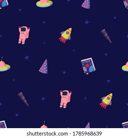 Space toys colorful seamless vector pattern with dark background