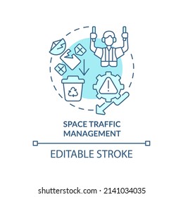 Space traffic management turquoise concept icon. Debris retrieval. Spacetech trend abstract idea thin line illustration. Isolated outline drawing. Editable stroke. Arial, Myriad Pro-Bold fonts used
