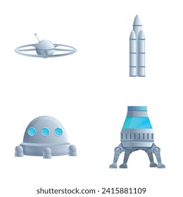 Los iconos de transporte espacial establecen el vector de dibujos animados. Estación espacial, barco, luna y travesía de maras. Equipo de exploración universal