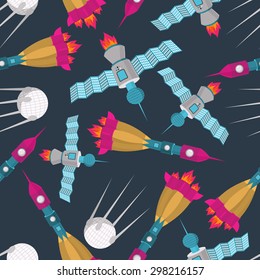 Space transport seamless pattern. Spaceship rocket and satellite. Vetkor background. 