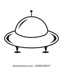 Space transport UFO black outline. World UFO Day, doodle-style vector illustration, coloring book.