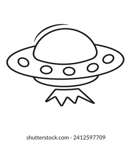 Space transport UFO black outline. World UFO Day, doodle-style vector illustration, coloring book.