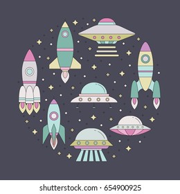 Space transportation outline circle illustration. Clean and simple design. Part two.