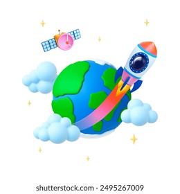Space travel 3d concept. Spaceship, earth planet stars and clouds. Universe exploration cosmos research. Render realistic vector elements