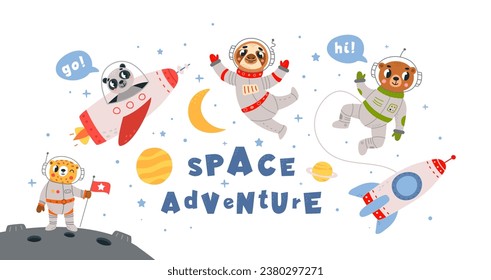 Space travel and adventure animals print. Astronauts wear suits and helmets and flying in universe in rocket. Funny animal classy children vector design