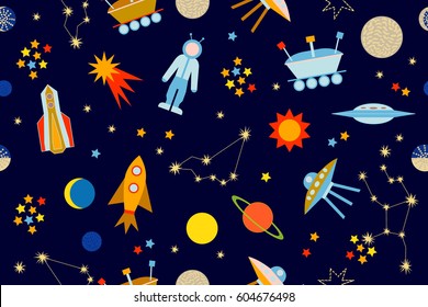 Space travel adventure. Seamless vector pattern with sun, moon, planets, astronaut, lunar rover, ships, comet. Children textile collection. Colorful on dark blue.