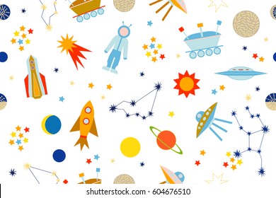 Space travel adventure. Seamless vector pattern with sun, moon, planets, astronaut, lunar rover, ships, comet. Children textile collection. Colorful on white.