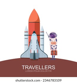 Space travel. astronaut with luggage standing near space shuttle. Vector exploration universe concept