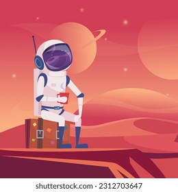 Space travel. Astronaut sitting on suitcase on moon fantasy landscape. Vector background