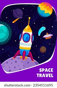 Pancarta de viajes espaciales con caricatura de nave espacial en la superficie del planeta en galaxia estrellada. Afiche de misión cósmica vectorial futurista con motor de lanzadera viajes en el lejano Universo explorar mundos alienígenas