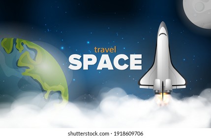 Cartel de viaje espacial. Un cohete o lanzador vuela por el espacio contra el fondo del espacio, el planeta tierra y la luna. Ilustración vectorial.
