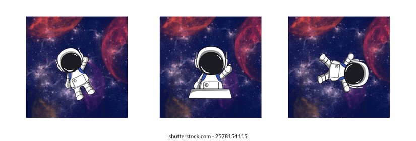 Space travel banners with astronaut characters. Outerspace adventure, cosmos travel or astronomy exploration cartoon vector banners.