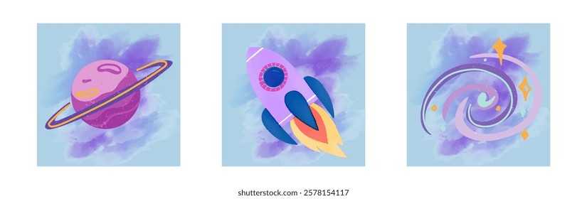 Space travel banners with astronaut characters. Outerspace adventure, cosmos travel or astronomy exploration cartoon vector banners.