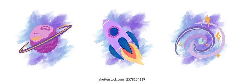 Space travel banners with astronaut characters. Outerspace adventure, cosmos travel or astronomy exploration cartoon vector banners.