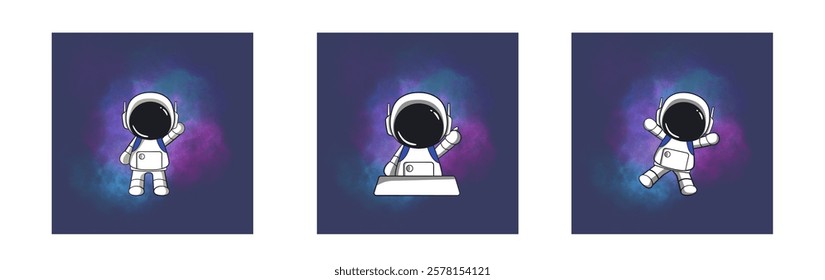 Space travel banners with astronaut characters. Outerspace adventure, cosmos travel or astronomy exploration cartoon vector banners.