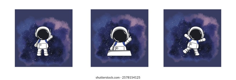 Space travel banners with astronaut characters. Outerspace adventure, cosmos travel or astronomy exploration cartoon vector banners.