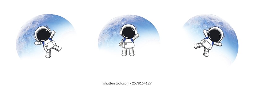 Space travel banners with astronaut characters. Outerspace adventure, cosmos travel or astronomy exploration cartoon vector banners.