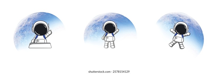 Space travel banners with astronaut characters. Outerspace adventure, cosmos travel or astronomy exploration cartoon vector banners.