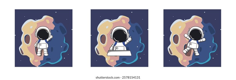 Space travel banners with astronaut characters. Outerspace adventure, cosmos travel or astronomy exploration cartoon vector banners.