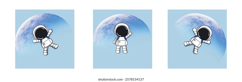 Space travel banners with astronaut characters. Outerspace adventure, cosmos travel or astronomy exploration cartoon vector banners.