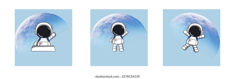 Space travel banners with astronaut characters. Outerspace adventure, cosmos travel or astronomy exploration cartoon vector banners.